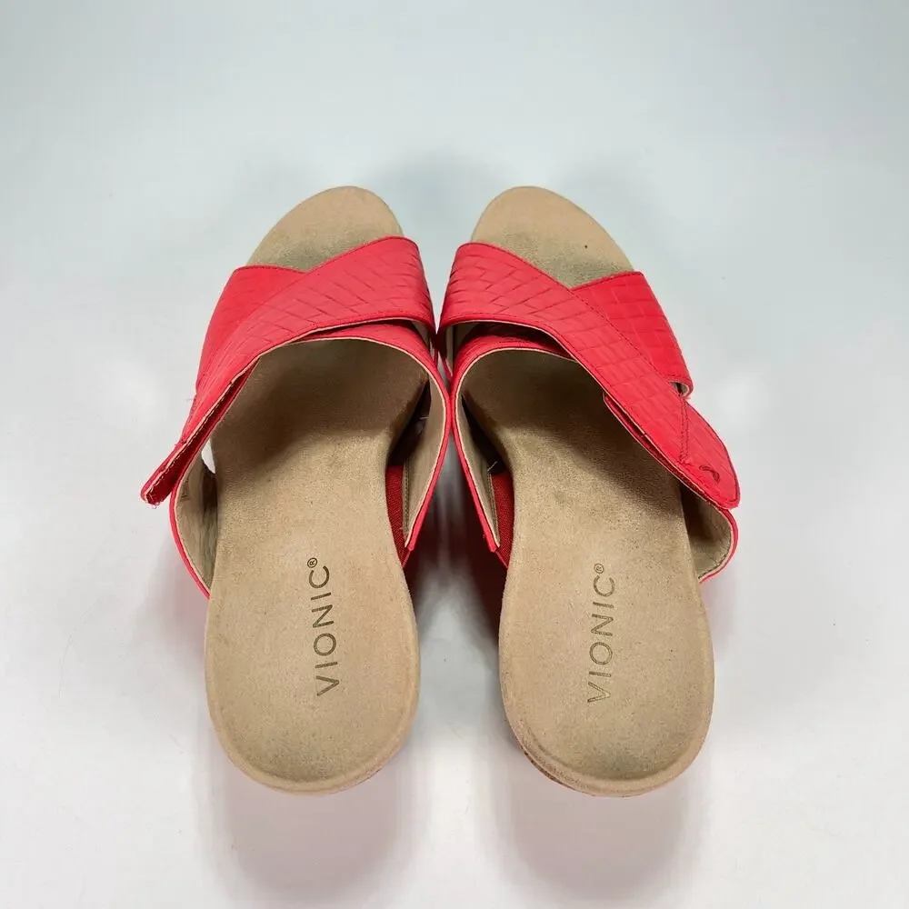 Vionic Leticia Poppy Leather Comfort Orthotic Slides Wedge Sandals Women's Sz 10